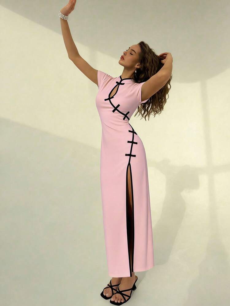 Franclia Fashionable Women's Chinese New Year Buckle Dress, Elegant New Chinese Style Dress, Contrast Color Trim Long Dress Women Dress Cheongsam Dress New Arrival Dress Pink Cheongsam High Quality Dress Elegant Outfits For Women Qipao Dress - Baby Pink - View 5