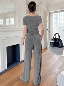 DAZY 女士纯色褶皱T恤和阔腿裤两件套 - 藏蓝色 - 查看 2