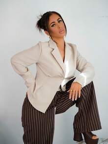 SAYEHFBABY 女士休闲亚麻收腰长袖翻领薄款西装外套，杏色，秋冬 - 杏色 - 查看 6