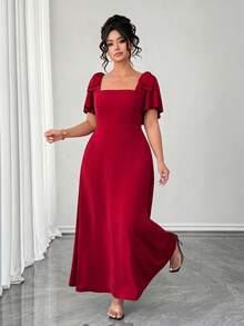 Elenzga Plus Size Women's Summer Elegant Commuter Wine Red Square Neck Bowknot Design Fitted Cinched Waist Long Dress - Burgundy - View 7