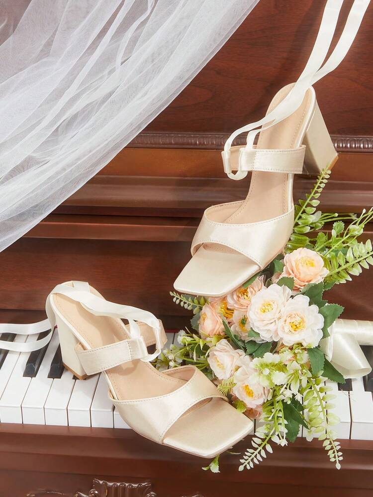 CUCCOO HITCHD Fashionable Satin Square Toe High Heel Sandals, Suitable For Autumn & Summer Summer Shoes Wedding Shoes Bride Shoes