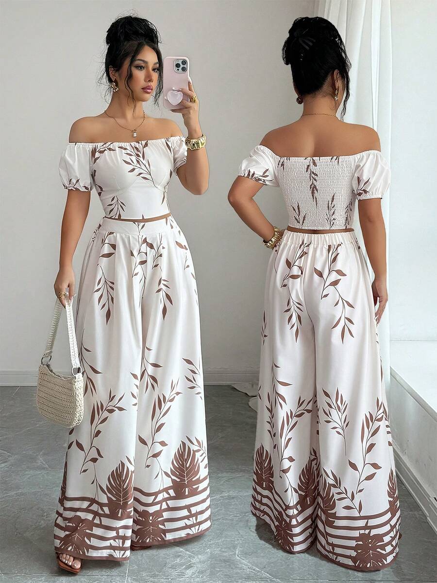 Elenzga Women's Vacation Plant Pattern Off-Shoulder Blouse And Wide-Leg Pants 2 Pieces Set - Apricot - View 1