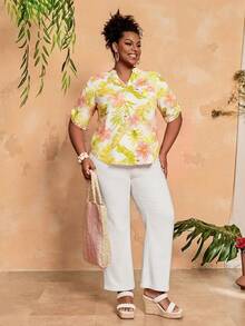 EMERY ROSE Camisa casual de vacaciones con estampado tropical de talla grande - Amarillo - Ver 5