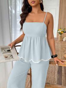 Weeklong Plus Size Women's 2 Pieces Wave Heart Ribbon Contrast Color Faux Linen Waist Casual Commuter Suit, Spring/Summer - Mint Green - View 3