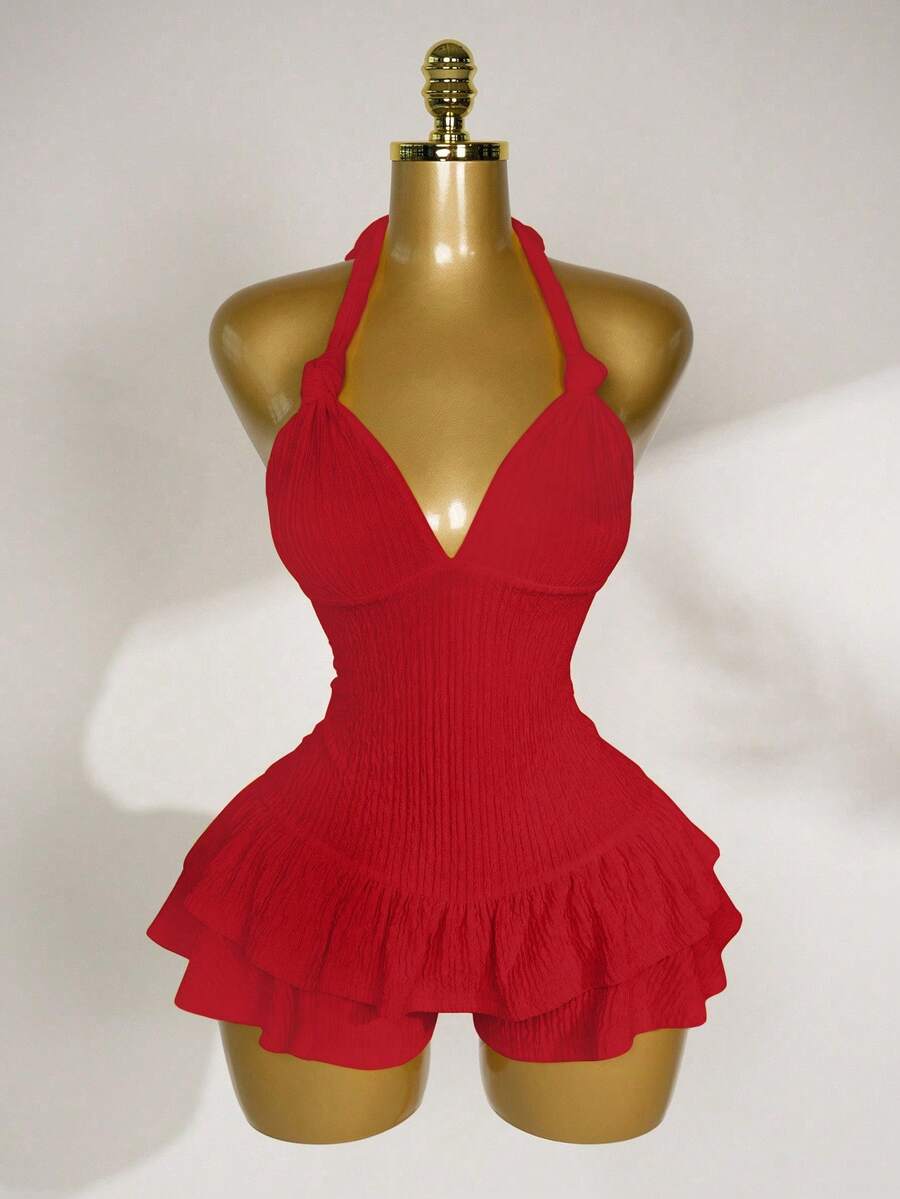 Mistrie Mono ajustado de mujer con cuello halter, lazo y volante en el bajo - Rojo - Ver 1