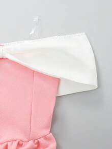 Tween Girl's Waist Off-Shoulder Bow Tie Short Ruffled Mini Dress, Daily, Outfit - Pink - View 5