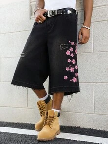 Manfinity EMRG Men's Street Fashion Casual Distressed Embroidered Black Denim Shorts - Black - View 1