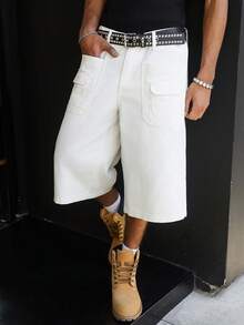 Manfinity Hypemode 男士休闲街头风多口袋白色牛仔短裤 - 白色 - 查看 8