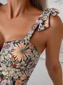 Swim Basics 女士修身印花无袖露肩夏季沙滩连衣裙 - 棕色 - 查看 5