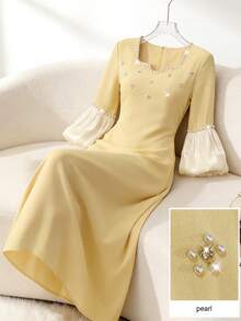 Elegant Women's Party Dress With Beaded & Rhinestone Embellished Square Neck, Lantern Sleeves, Fitted Silhouette And Back Slit - Yellow - View 10