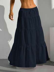 SHEIN PETITE CURVE Falda casual de verano de talla grande, de unicolor, con cintura elástica, cordón y dobladillo con volantes - Azul Marino - Ver 6