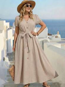 GlowEve CURVE Đầm cỡ lớn cổ chữ V tay cánh hoa thắt eo màu trơn - Màu Khaki - Xem 5