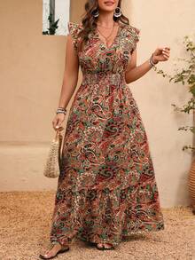 EMERY ROSE Plus Size Women's Beige Summer Boho Vacation Holiday Paisley Print Cap Sleeve Cinched Waist Dress, Spring Picnic, Easter Outing, Music Festival, Flattering Ruffle Hem - Multicolor - View 1