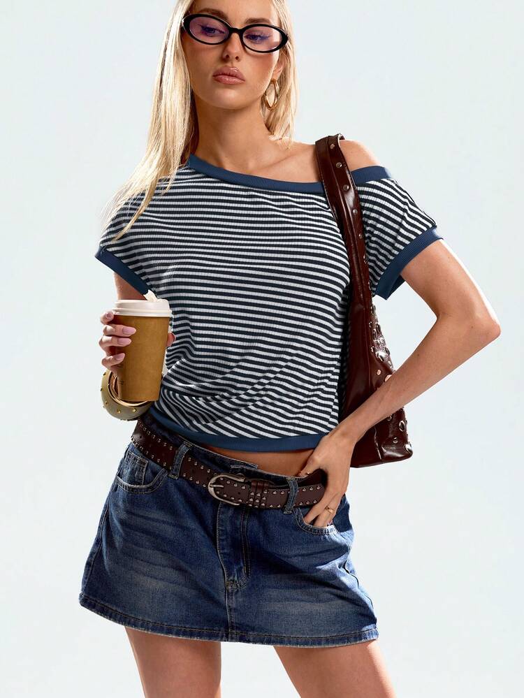 Avantive Brown Striped Fringe Off-The-Shoulder Top Summer Clothes Casual Outfit For Women Comfortable Street Academy Movement,Summer Top - Navy Blue - View 1