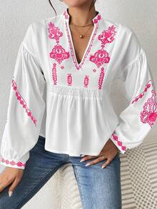 EMERY ROSE Women's Shirred Graphic Print Long Sleeve Button Shirt Peplum Top - Hot Pink - View 6