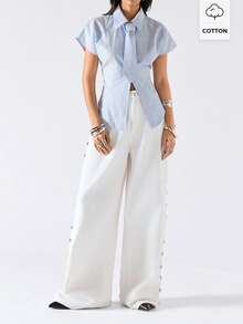 LYSMO 2026 New Arrive Minimalism Spring/Summer Women's Solid Color Mandarin Collar Button Waist Short Sleeve Minimalist Office Shirt - Baby Blue - View 1