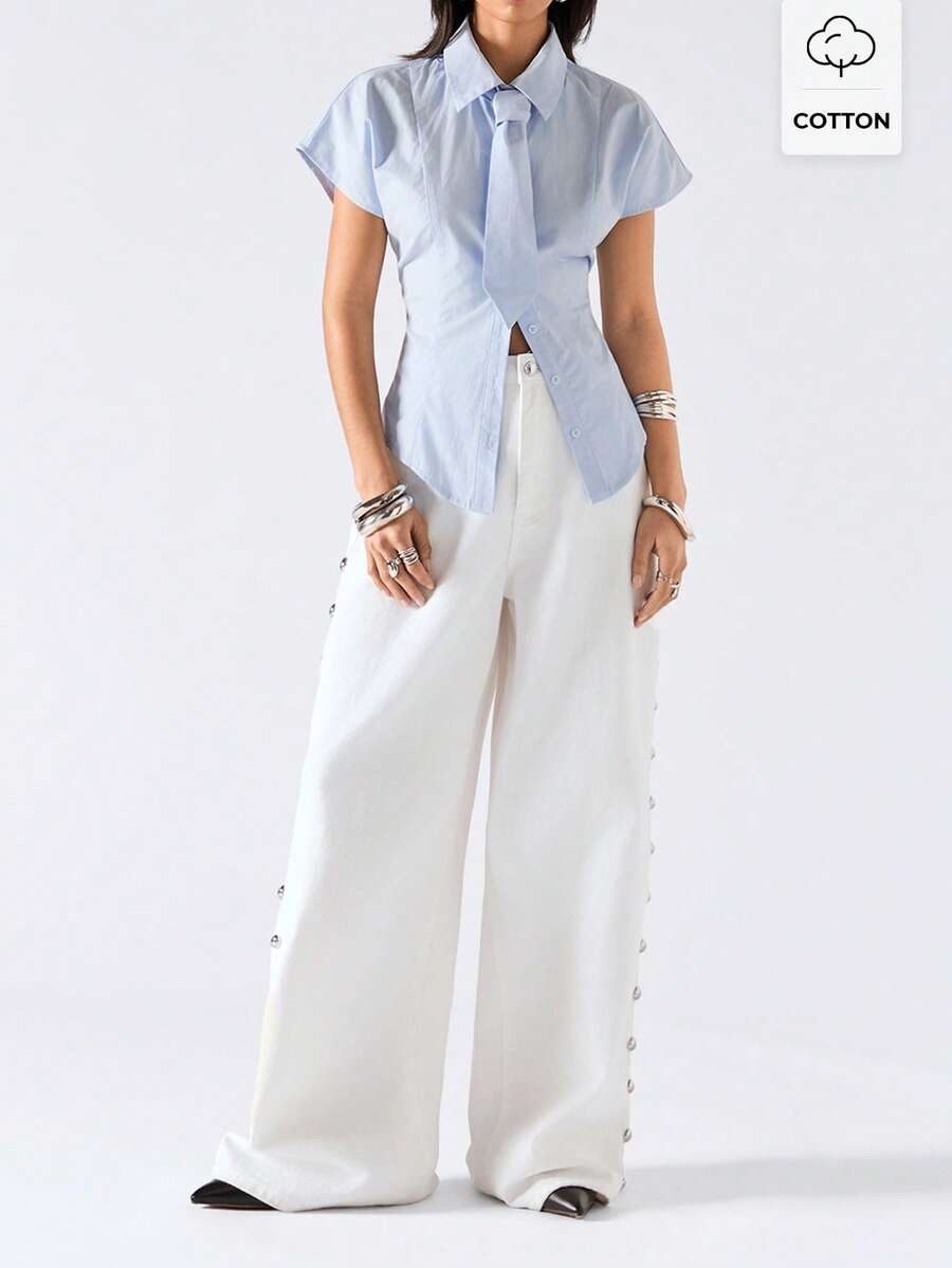 LYSMO 2026 New Arrive Minimalism Spring/Summer Women's Solid Color Mandarin Collar Button Waist Short Sleeve Minimalist Office Shirt - Baby Blue - View 1