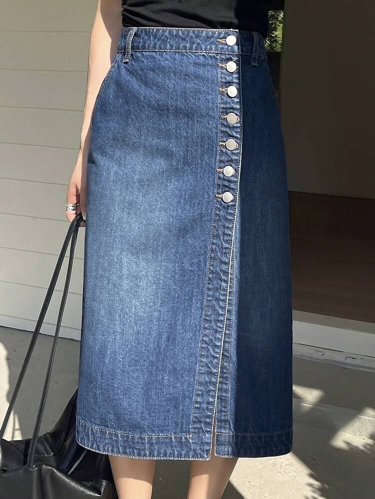Women's Regular Waist Side Single-Breasted Design Elegant Straight Maxi Casual Denim Skirt