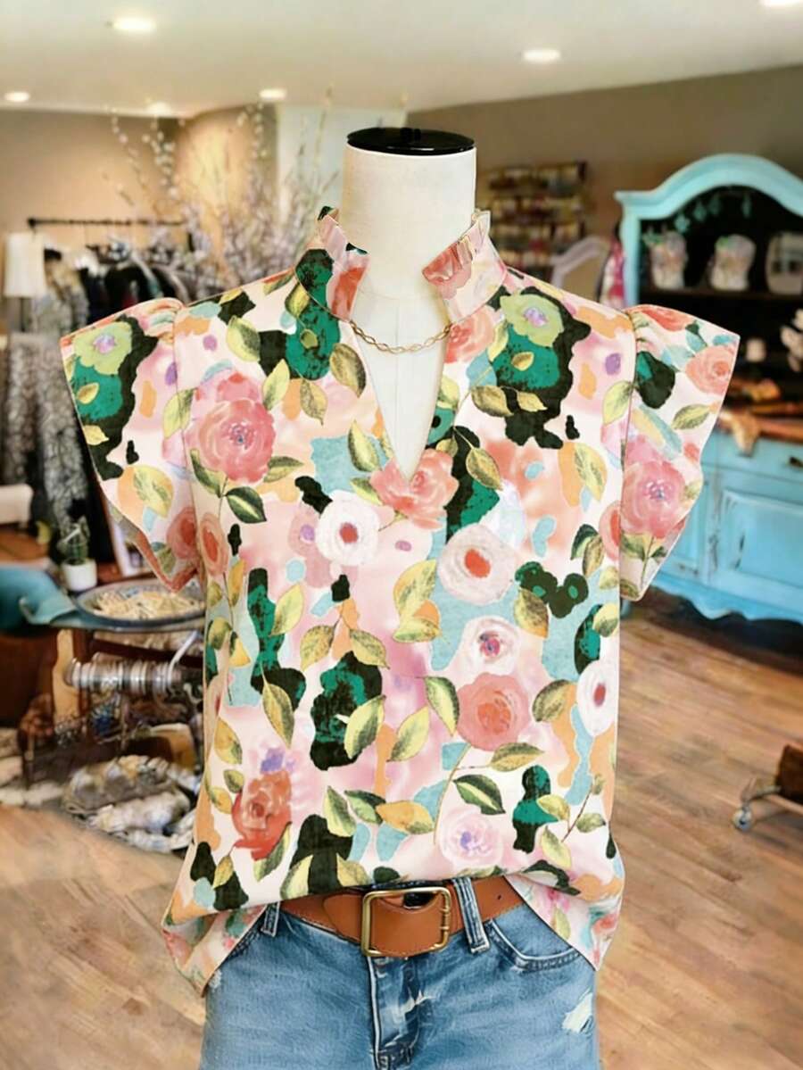 Franclia Áo kiểu nữ cổ chữ V tay loe họa tiết hoa, thích hợp cho hẹn hò, mặc hàng ngày, dự tiệc, đi làm, trà chiều, mẫu mới xuân/hè. Áo kiểu nữ họa tiết hoa, áo nữ mùa hè, áo đẹp cho nữ, áo cổ bèo, áo tay ngắn, áo in hoa, áo công sở, áo kiểu nữ mùa hè, áo mới nhất cho nữ. - Hồng - Xem 1