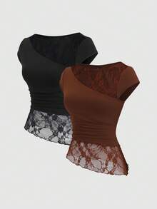 Sweetra Y2K Sexy Lace Patchwork Asymmetrical Hem Casual Vacation Blouse - Multicolor - View 1