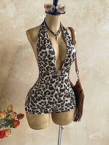 SHEIN WYWH Bộ jumpsuit nữ họa tiết da báo, cổ yếm, hở lưng, đính kim loại, gợi cảm, thích hợp cho hẹn hò và tiệc tùng. - Nhiều màu - Xem 5