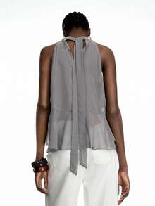 Nueva blusa de gasa con volantes y lazo en la espalda en color verde oliva - Diseño de estilo bohemio para el verano - Gris - Ver 2