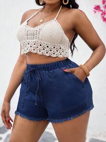 SHEIN Slayr Quần short denim ôm sát, cạp chun, cỡ lớn, màu xanh dương - Rửa tối - Xem 6