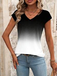 Camiseta de manga corta con cuello en V y degradado para el verano - Negro - Ver 5