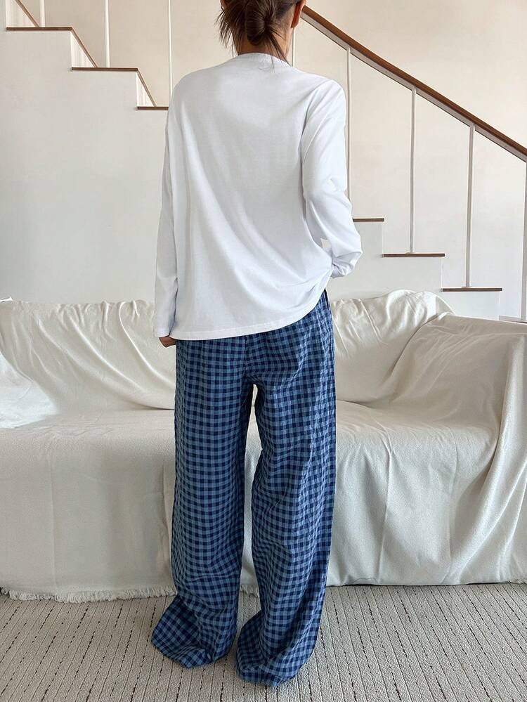 2pcs/Set Women Graphic Print Loose Long Sleeve T-Shirt And Straight Long Pants Casual Sleepwear Suit, Spring