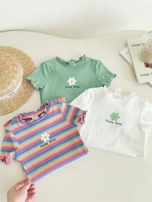 3pcs Newborn Baby Girl Cute Knitted Colorful Striped Floral Pattern Short Sleeve Romper Set, Summer - Multicolor - View 6