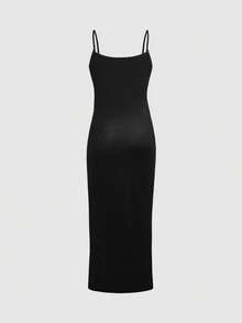 SHEIN Tween Girls' Casual Vacation Blue & Black Tropical Floral Print Sleeveless Dress, Spaghetti Strap Dress, Beach Vacation, Tropical Vacation - Blue - View 4