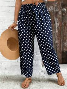 SHEIN VCAY Plus Size Casual Polka Dot Print Pants - Navy Blue - View 5