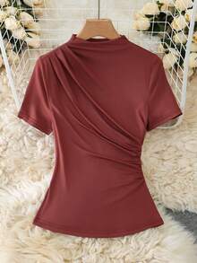 GlowEve Women's Fashion Mock Neck Ruched Short Sleeve Fitted Romantic Elegant Casual Commute Date Party Dinner T-Shirt, Spring/Summer - Brown - View 4