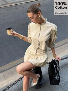 女士日常两件套服装，夏季连衣裙，100%纯棉米黄色度假套装，毕业礼服，棉麻两件套休闲冬季套装 - 杏色 - 查看 4