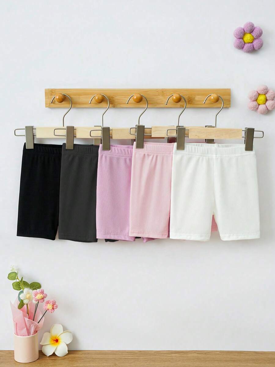 SHEIN Playful Pals 5件套女婴休闲可爱运动短裤打底裤，舒适多色，适合日常穿着，室内外皆宜