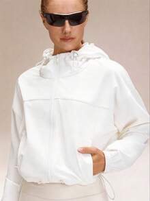 GLOWMODE Steady Strides Waist-Length Sunproof Water-Resistant Drawstring Side Pockets Relaxed Fit Zip-Up Packable Hoodie Travel Running Outdoor Workout Gym - White - View 9