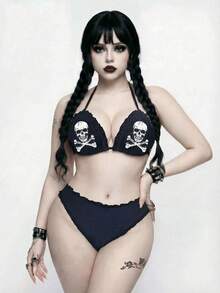 ROMWE Goth Bộ bikini hai mảnh dành cho nữ, bộ bikini in họa tiết gợi cảm cho kỳ nghỉ hè. - màu đen - Xem 3