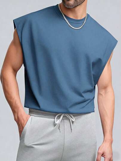 Manfinity Dauomo Chaleco minimalista de moda para hombre, ropa exterior casual de verano, parte superior sin mangas de unicolor, azul vaquero retro, ocio, deportes, exterior