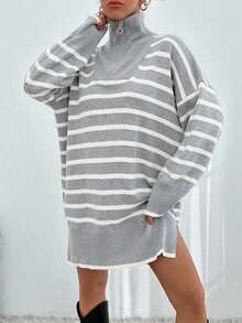 EURMUSE Women Grey Knit Design Knit Dress With Zipper Detail City Break Travel Autumn Winter Casual - Grey - View 6
