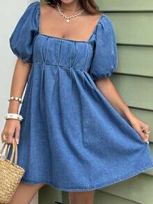 Sunnyshic Women's Denim Extra Long High Slit Dress - Blue - View 5