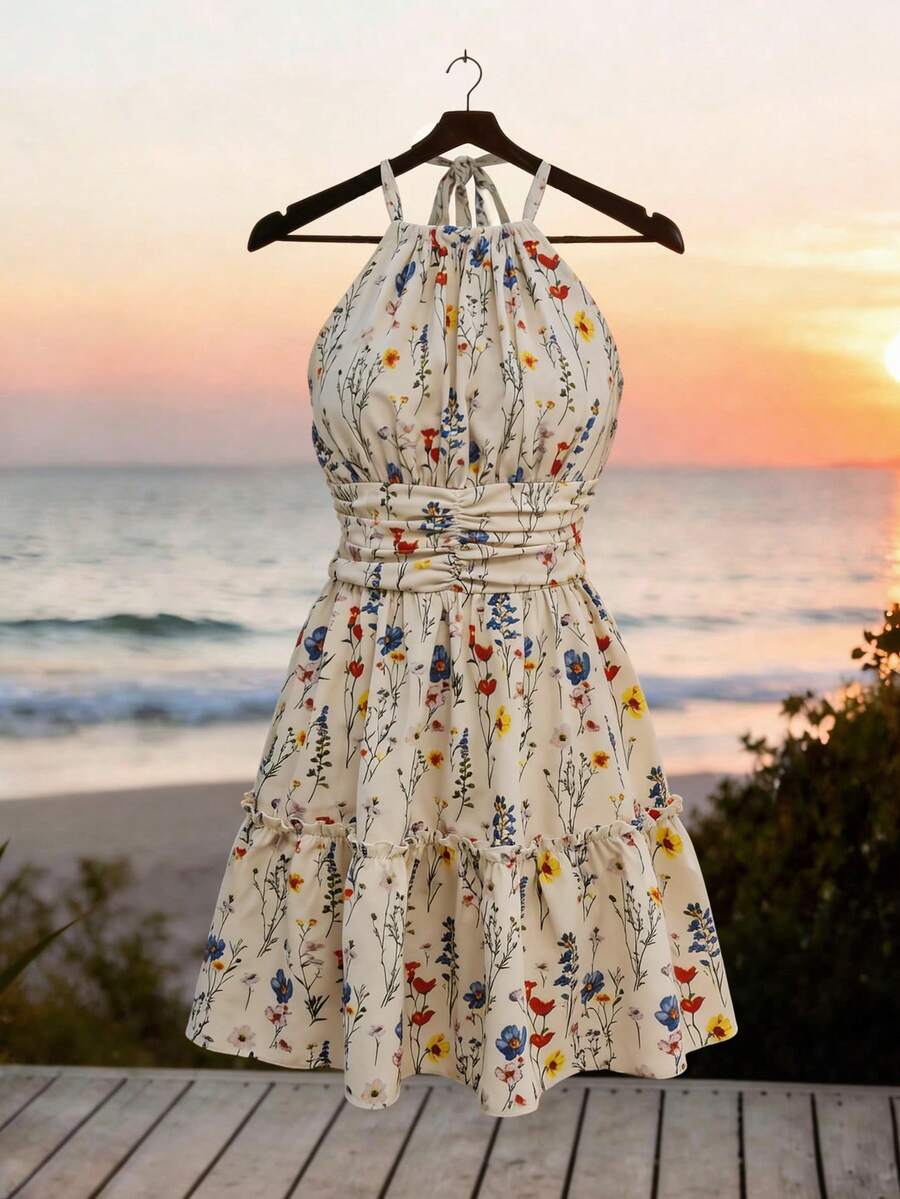 Franclia Đầm ngắn cổ yếm thanh lịch, tối giản, đa năng dành cho nữ, thích hợp cho kỳ nghỉ hè. - Màu be - Xem 1