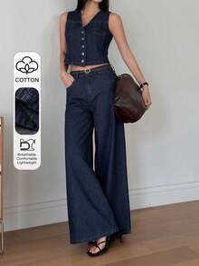 DAZY Bộ đồ thường ngày mùa hè dành cho nữ: áo cardigan không tay cổ chữ V và quần jeans ống rộng. - Rửa tối - Xem 1
