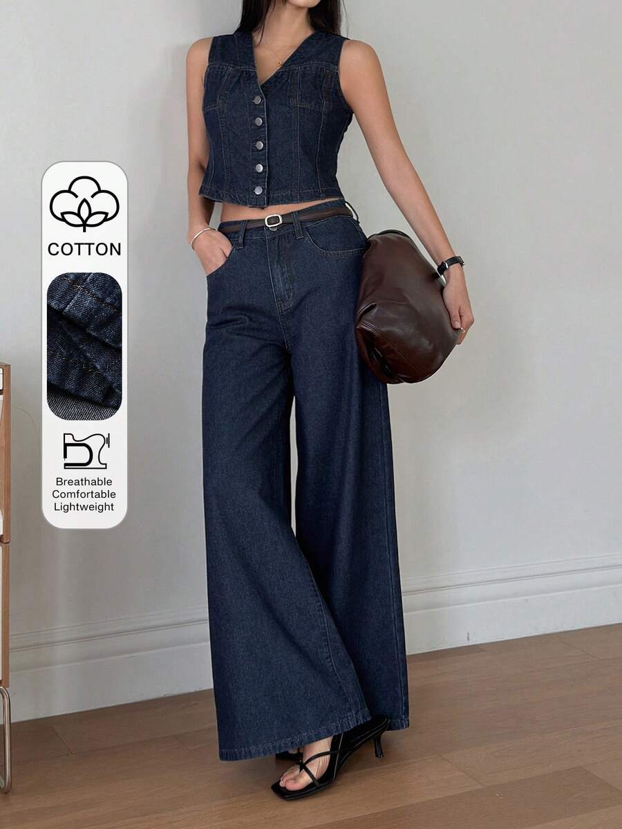 DAZY Bộ đồ thường ngày mùa hè dành cho nữ: áo cardigan không tay cổ chữ V và quần jeans ống rộng. - Rửa tối - Xem 1