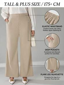 SHEIN Tall CURVE Plus Size Women Solid Color Pocket Flare Loose Casual Commuter Pants - Apricot - View 1