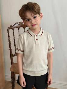 DAZY Áo len cổ polo tay ngắn kẻ sọc cho bé trai, kiểu dáng thường ngày, thích hợp cho mùa hè. - Màu be - Xem 6