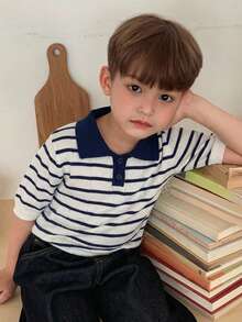 Dazy Kids Young Boys' Colorblock Striped Short Sleeve Sweater Summer - Navy Blue - View 3