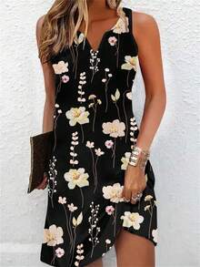 EMERY ROSE Gaun Kasual Wanita Model V-Neck Motif Bunga Panjang Sedang, Cocok untuk Musim Panas - Hitam - View 5