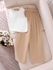 Genkimix Kids Bộ đồ 2 món cho bé gái tuổi teen gồm áo không tay dệt kim họa tiết hoa 5 cánh màu trắng và quần cùng màu, thời trang và phù hợp cho mùa hè. - trắng - Xem 2