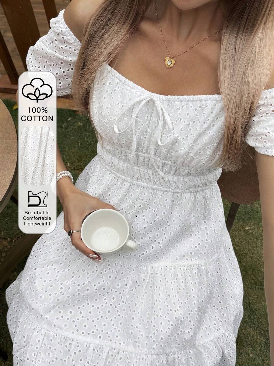 Livesso Đầm ngắn mùa hè thanh lịch dự tiệc lễ Phục Sinh màu trắng tay cánh hoa thắt eo phối màu cho nữ, đầm đi nghỉ mát phong cách Boho. - trắng - Xem 1