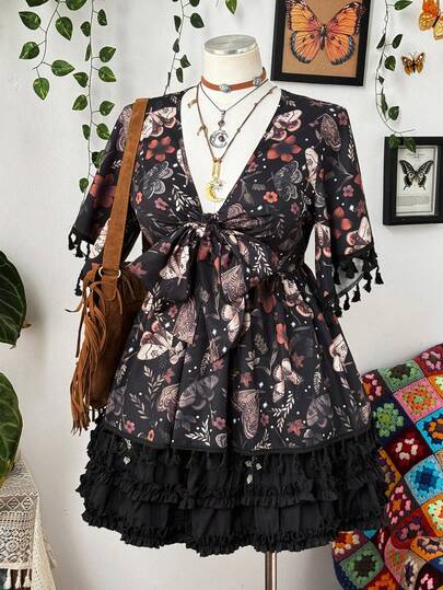 Sunspun Casual Elegant Punk V-Neck Tie Tassel Hem Plus Size Women Blouse